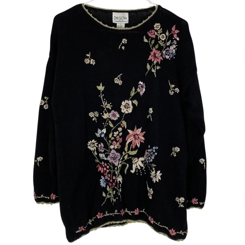 Vintage 90s Grannycore Floral Embroidered Sweater Womens Size Medium Oversized